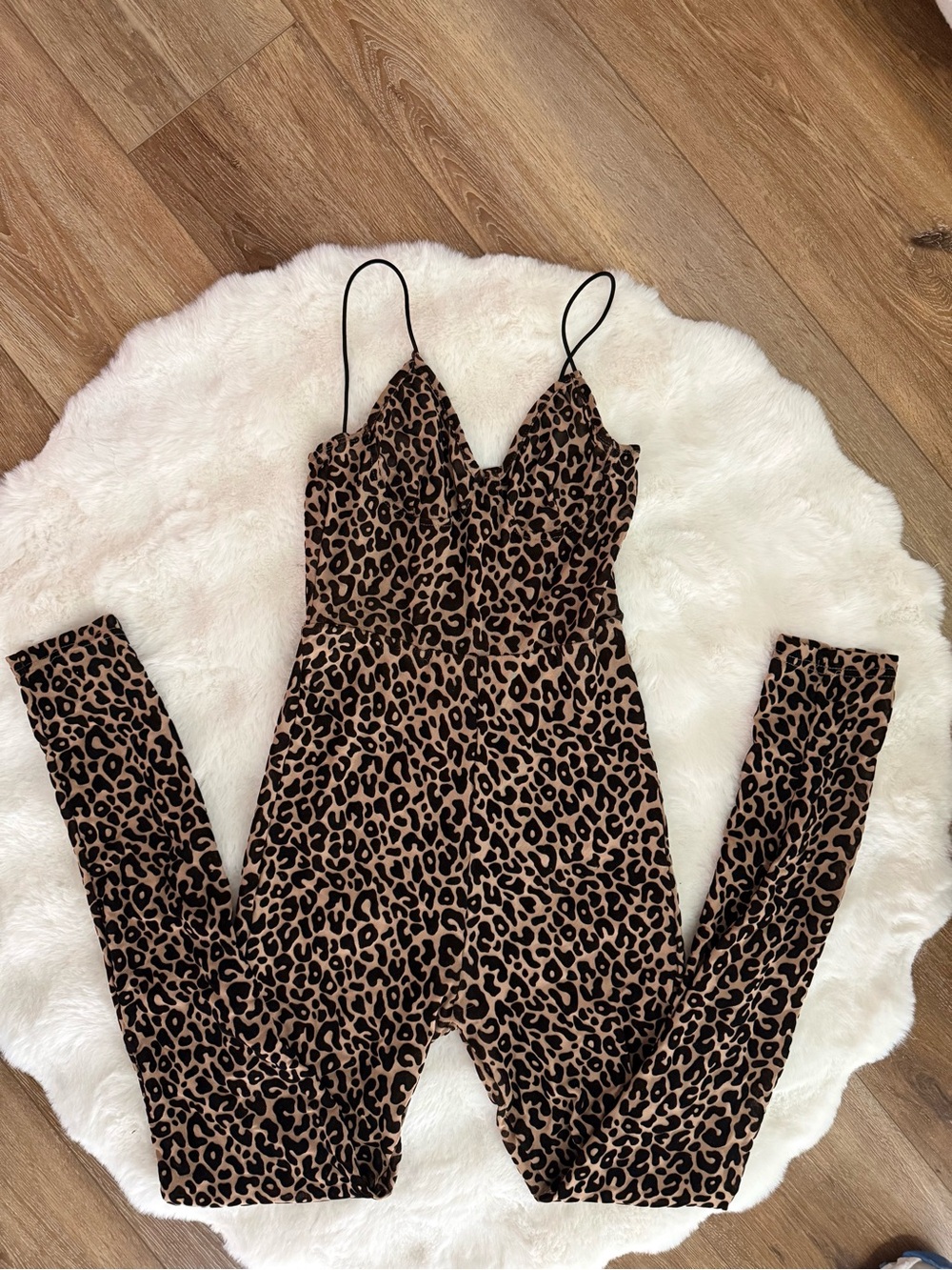 Leopard Print Spaghetti Strap Jumpsuit - Brown